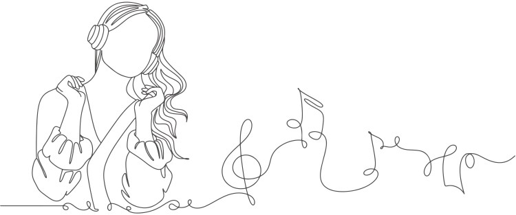 Line art of a woman listening to music,. rhythm, and rhyme.